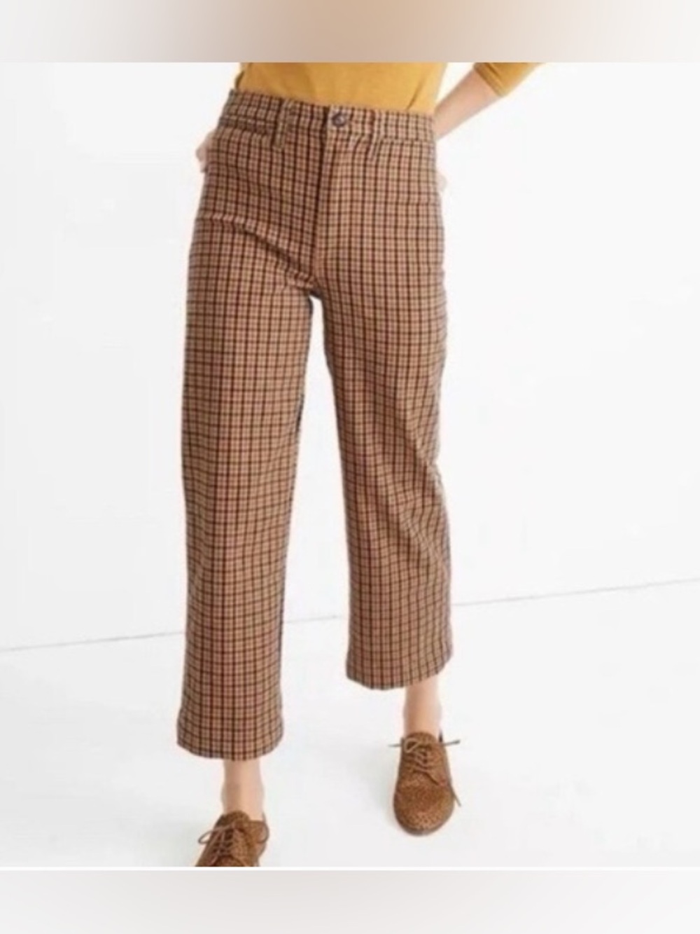 Madewell Slim Emmett Wide-Leg Crop Pants Brown Black & Tan Checkered Plaid